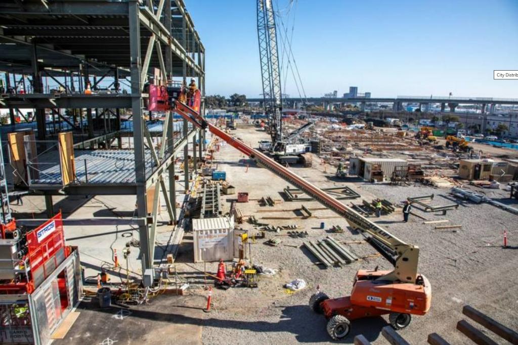 City Distribution Division Campus at 2000 Marin: Administration Building - Steel placement and welding.