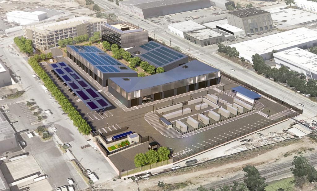 Artist's rendering of site from above including offices, machine shop and garage