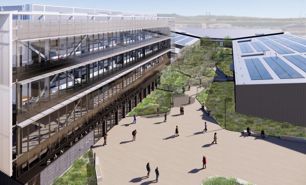 Artist rendering of campus walkway showing trees and courtyard