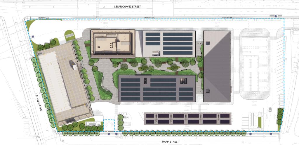 Image of site plan showing offices, machine shops, parking and open spaces