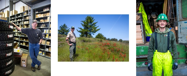 left photo shows staff member in machine shop, center photo shows a watershed keeper, right photo shows a plumber