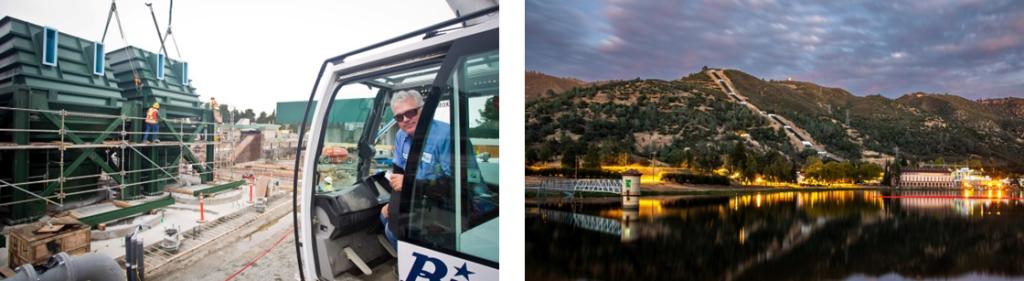 left photo shows Harry Tracey Water Treatment Plant, right photo shows Moccasin reservoir and penstocks