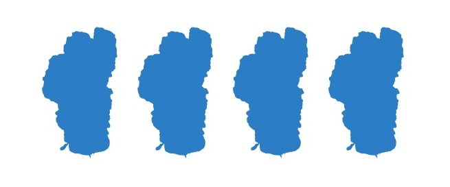 Four identical images of an outline of Lake Tahoe, each image is colored blue