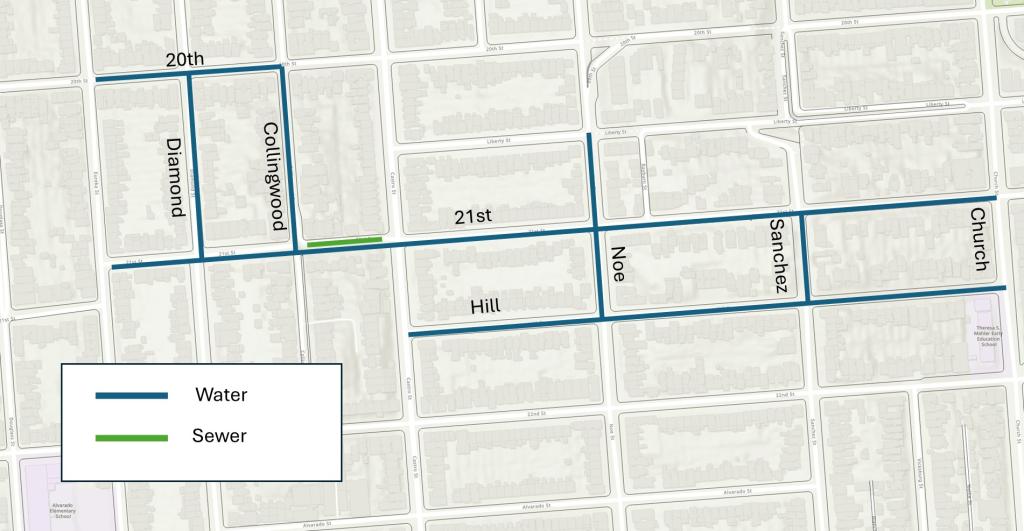 Map showing that work will be done on 20th Street from Eureka to Collingwood streets and also on 21st Street from Eureka to Church streets and also on Hill Street from Castro to Church streets and also on Diamond Street from 20th to 21st streets and also on Collingwood Street from 20th to 21st streets and also on Noe Street from Liberty to Hill streets and on Sanchez Street from 21st to Hill streets