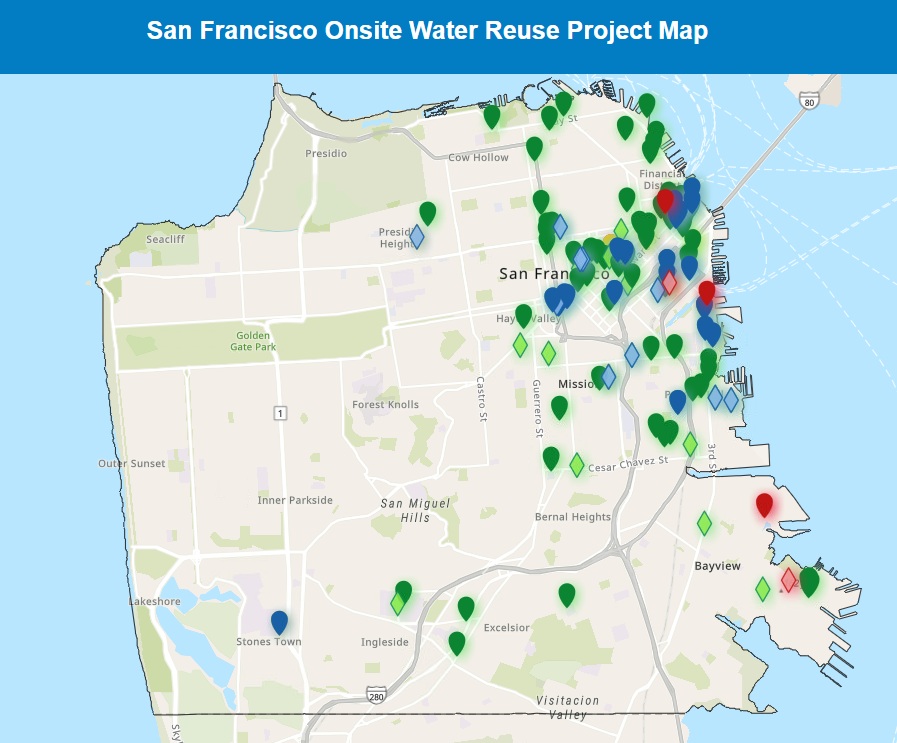 Image shows a map of San Francisco with blue drops, green drops, red drops, blue diamonds, green diamonds and red diamonds. The images are clustered on the east side of the city from the Marina to Potrero Hill