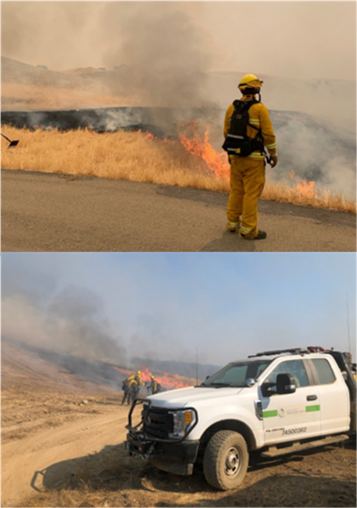 Top photo shows firefighter observing grass burning. Bottom photo shows SFPUC truck nearby firefighting crew.