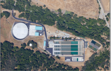 Aerial photo of the Sunol Valley Treatment Plant showing filter beds and outbuildings