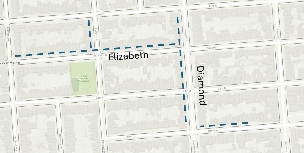 Mapa na nagpapakita ng Hilagang bahagi ng Elizabeth Street mula Hoffman hanggang Diamond • Kanlurang bahagi ng Diamond mula ika-23 hanggang Jersey • Kanlurang bahagi ng Douglass mula ika-23 hanggang Elizabeth • Hilagang bahagi ng Jersey mula Diamond hanggang Castro
