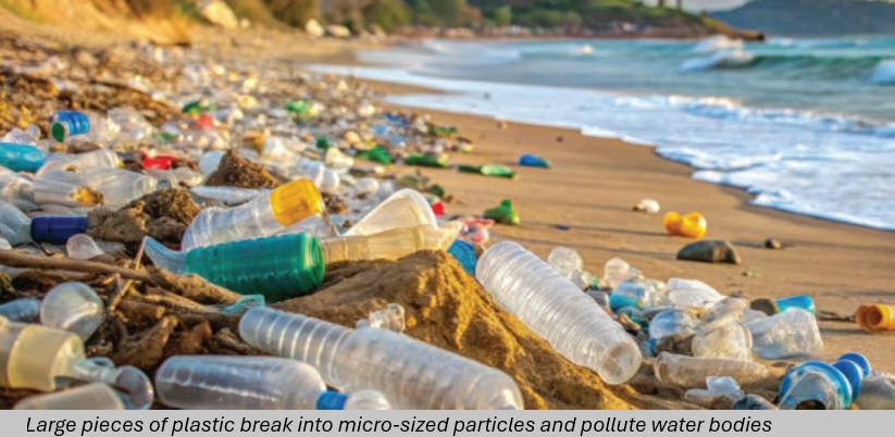 photo of beach covered in plastic garbage with the caption "Large pieces of plastic break into micro-sized particles and pollute water bodies"
