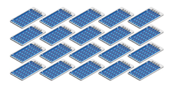 Stylized image of 20 rectangles colored in blue with red and white striped lines through them so that they represent 20 swimming pools