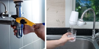 photo of wrench on pipe under sink. photo of kitchen sink with a filter attached.