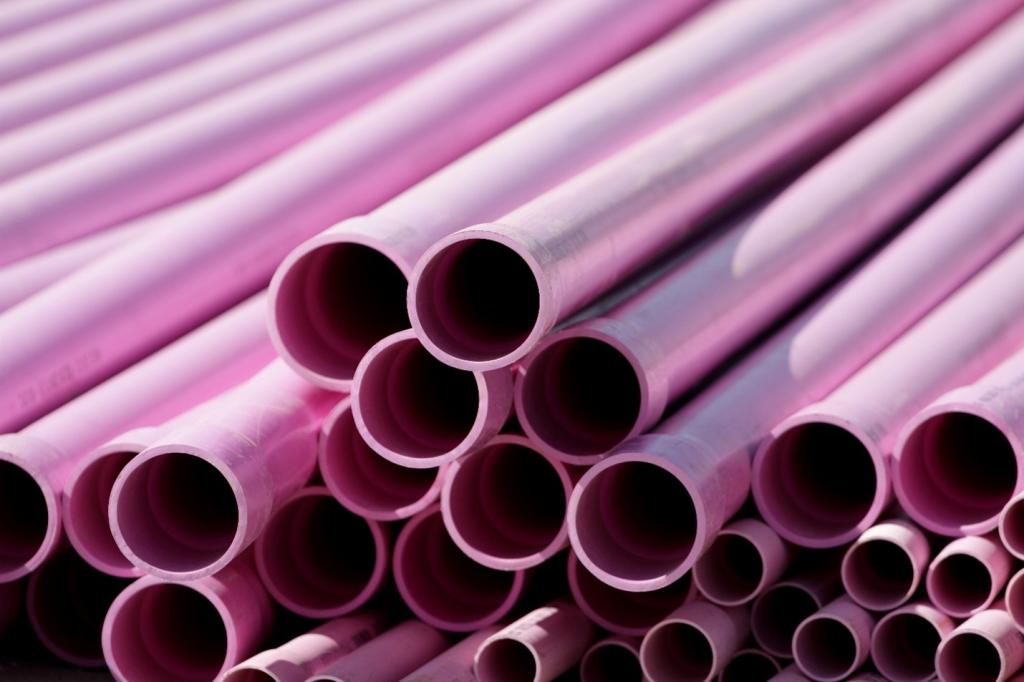 photo of purple-colored plastic pipes such as those used for recycled water