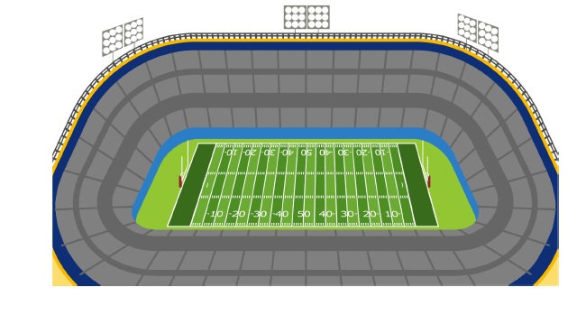 Stylized image of a football stadium showing stadium lights, bleachers and a field with yard line markings