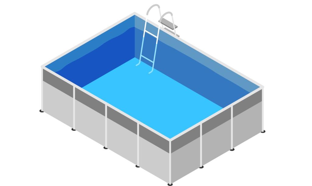 Stylized image of a rectangular above-ground swimming pool filled with blue water and a step ladder leading into it