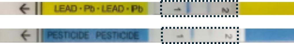 Image of test trip for Lead which shows a dark line near the number 1 and a light line near the number 2, plus image of test strip for Pesticide which shows a light line near 1 and no line near the number 2