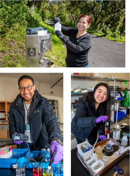 Top photo show women drawing water sample from dispenser. Bottom left photo shows man in a lab checking water samples. Bottom right photo shows woman examining water samples.