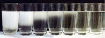 Image of 7 water glasses with the far left being totally cloudy and each subsequent glass less cloudy until the clear water at the left
