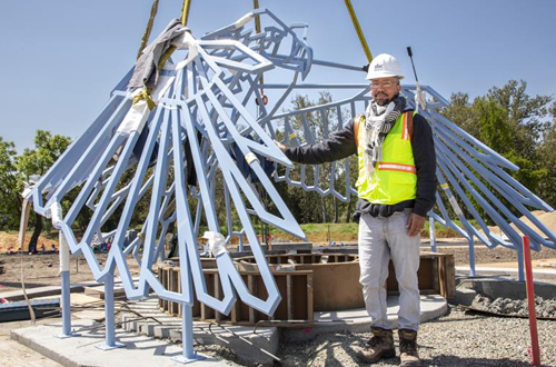 The artist Walter Kitundu during the installation of Rúupaywa: Songs of the Watershed at the Alameda Creek Watershed.