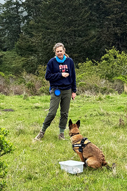 Person standing in an outdoor area with green grass and trees. Dog sitting in front of the person wearing a harness.