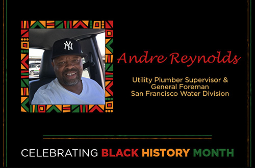 Portrait of Andre Reynolds, Utility Plumber Supervisor at San Francisco Water Division, framed with colorful African-inspired patterns for Black History Month.