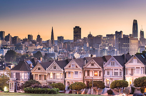 San Francisco neighborhood, with houses at night. 
