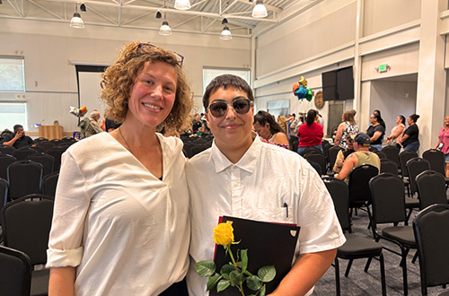  Whitney Bembenek, program grant administrator, and Janae, a new graduate, celebrate together. Janae grew in confidence, skill, and the ability to speak up in the program. She was accepted into the laborers union and employed in the trades within one month of graduation.
