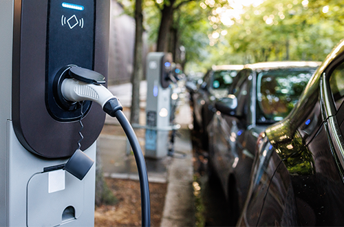 A row of cars at the curb plugged into EV chargers