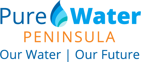 PureWater Peninsula logo shows the text "PureWater Peninsula: Our Water, Our Future" with a blue rain drop.
