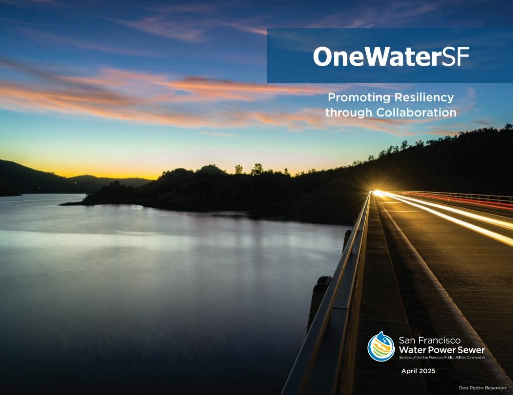 Image of the calm water of Don Pedro Reservoir at dusk. Part of the bridge is visible and some oranges of the sunset. It is the cover of the OneWaterSF 2025 report.