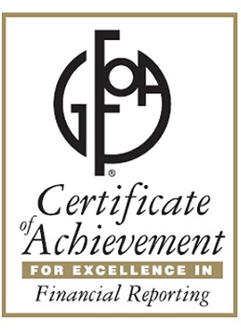 this is a GFOA logo graphic that says Certificate of Achievement for Excellence in Financial Recording