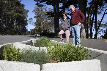 middle aged couple observing GI infrastructure along a public roadway
