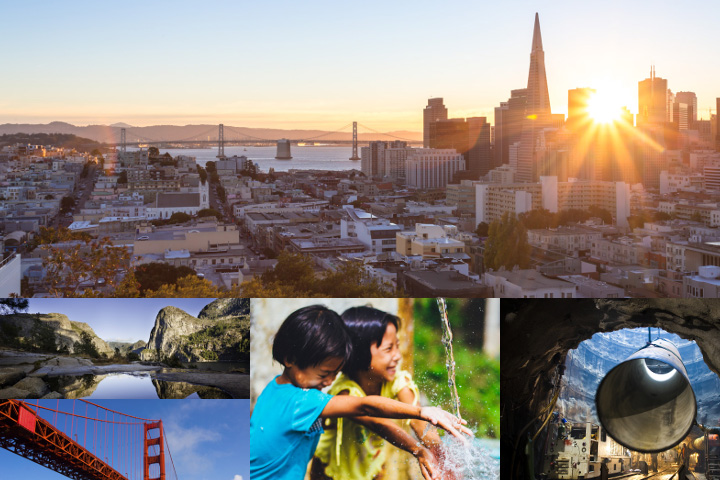 Collage of SF cityscape, Golden Gate Bridge, kids playing, and a water pipe.