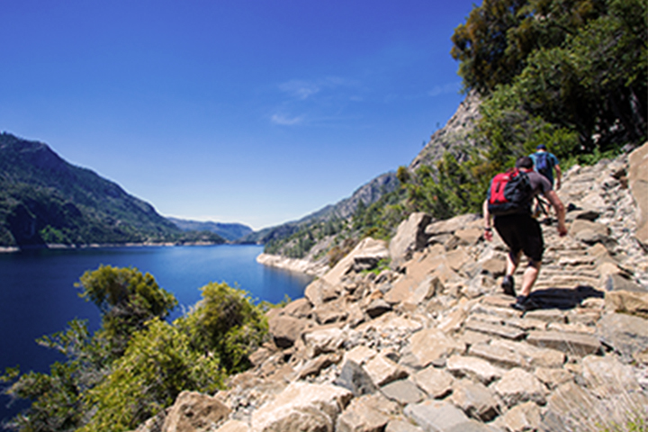 rocky trail overlooking the O'Shaughnessy Reservoir