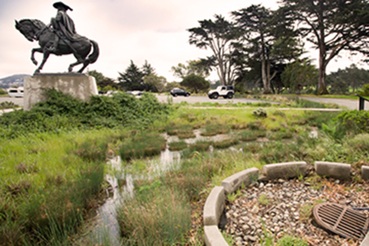 statue and water capturing landscaping in a parking lot