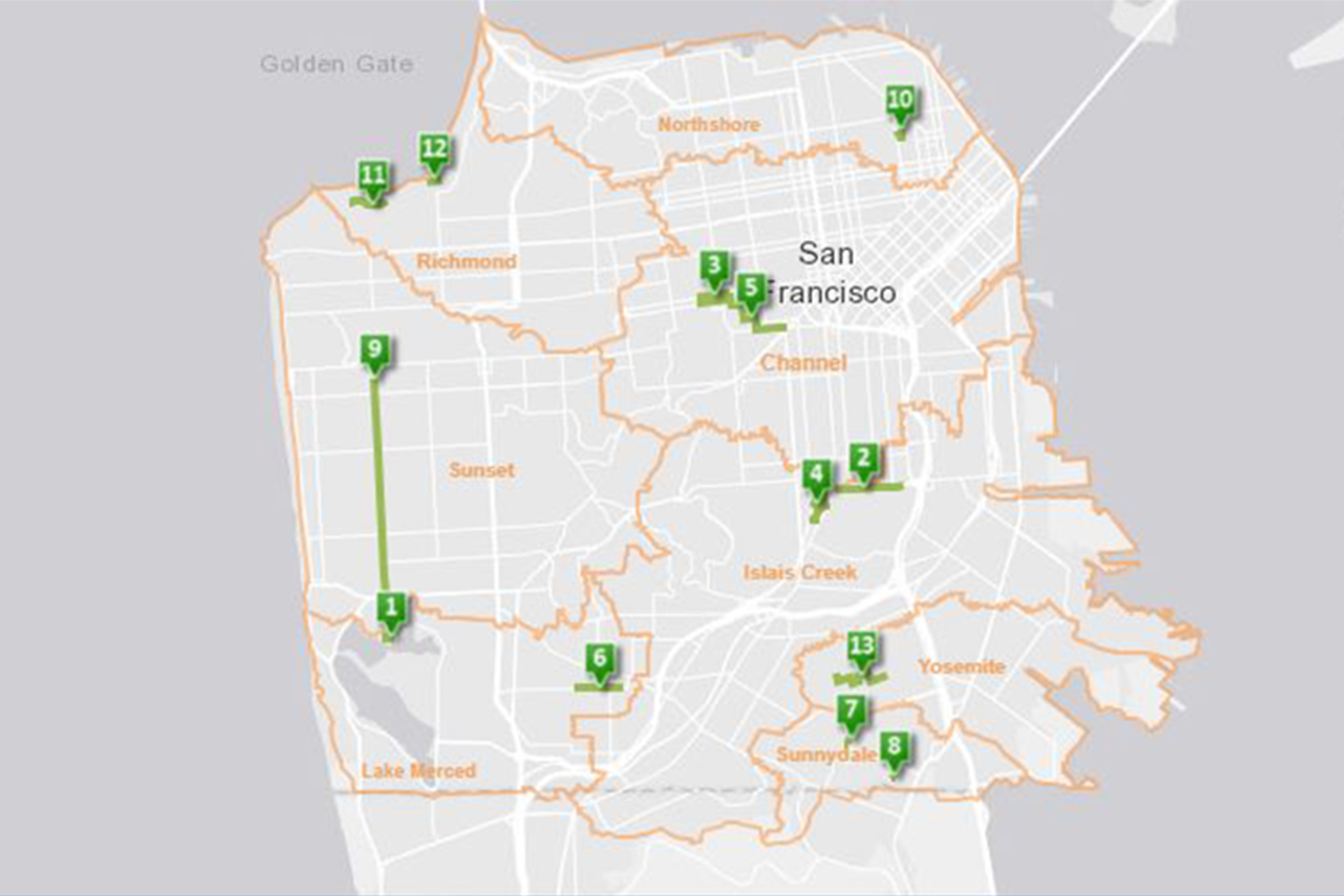 Interactive map showing locations of green infrastructure projects in San Francisco