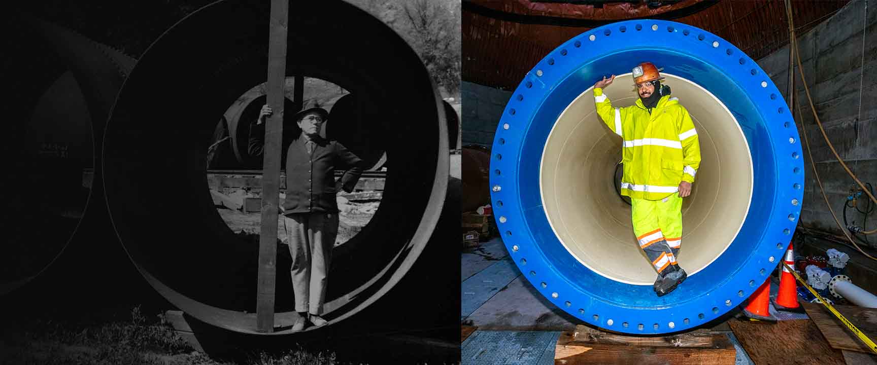 Past and present collage. Photo to the left is a black and white photo with a man from 2024, standing inside a water pipe. The right photo has a color photo of a man from the year 2025, standing in a water pipe.