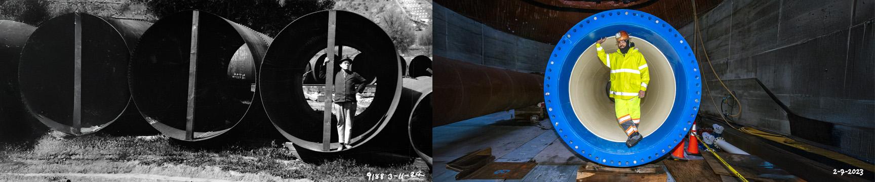 Historical photo of a man standing in a water pipe from 1924 and a man standing in a water pipe today in 2023