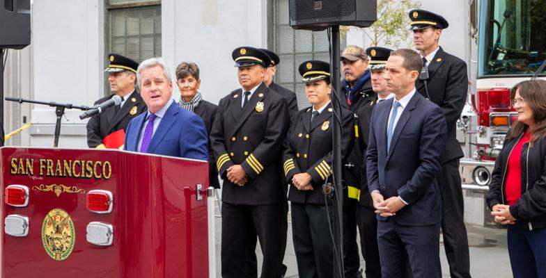 Dennis Herrera and Mayor Lurie speaks at the San Francisco Fire Department, in coordination with the SFPUC and other partner agencies, conducted a live Emergency Firefighting Water System (EFWS) demonstration 