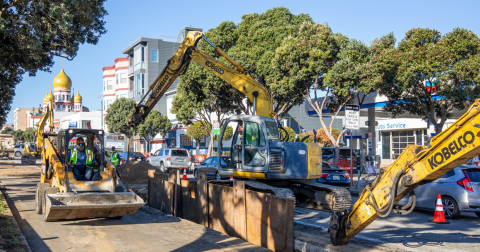 Construction workers along Geary Boulevard in the Richmond District