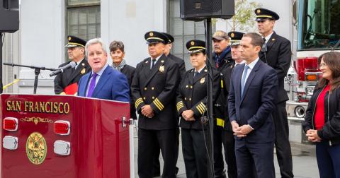 Dennis Herrera and Mayor Lurie speaks at the San Francisco Fire Department, in coordination with the SFPUC and other partner agencies, conducted a live Emergency Firefighting Water System (EFWS) demonstration 