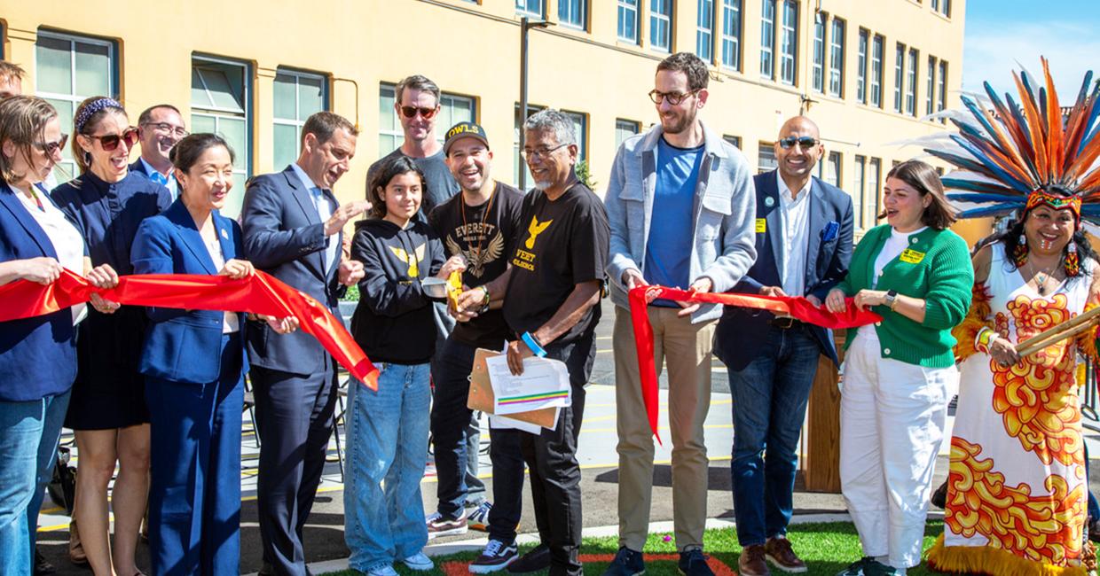 Ribbon-cutting ceremony at Everett Middle School with Mayor Daniel Lurie, California State Senator Scott Wiener, SFPUC staff and SFUSD staff.