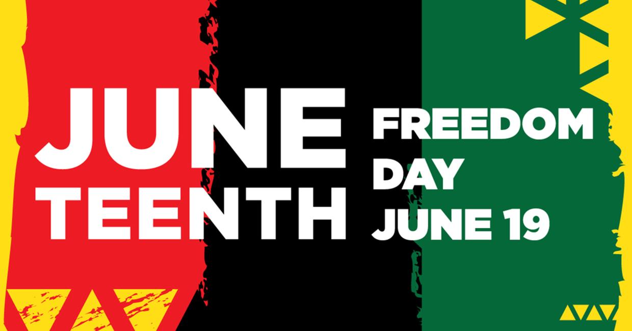 Bold text reading 'JUNETEENTH FREEDOM DAY JUNE 19' over a background with red, black, and green colors and yellow geometric shapes.