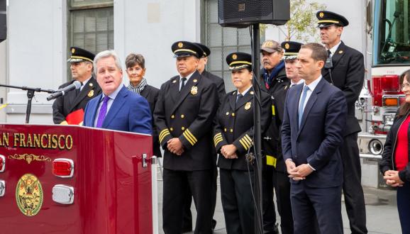 Dennis Herrera and Mayor Lurie speaks at the San Francisco Fire Department, in coordination with the SFPUC and other partner agencies, conducted a live Emergency Firefighting Water System (EFWS) demonstration 