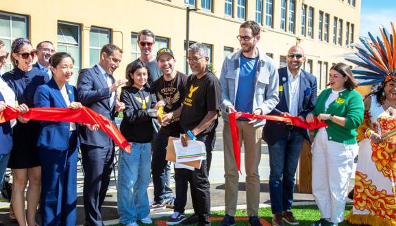 Ribbon-cutting ceremony at Everett Middle School with Mayor Daniel Lurie, California State Senator Scott Wiener, SFPUC staff and SFUSD staff.