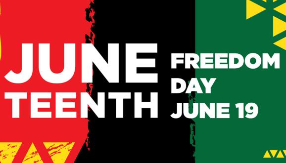 Bold text reading 'JUNETEENTH FREEDOM DAY JUNE 19' over a background with red, black, and green colors and yellow geometric shapes.