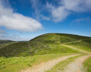 Picture of the Fifield-Cahill Ridge Trail as it cuts through short green grass on the side of a hill